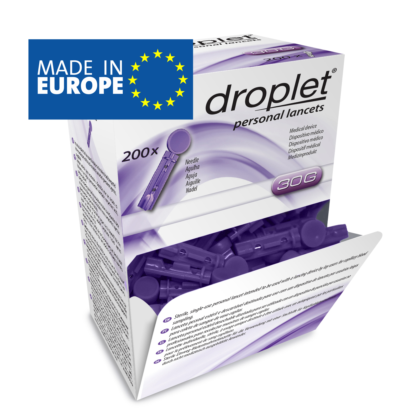 Ланцет Droplet персональний, одноразового використання, стерильний УЛЬТРАТОНКІ 30G (0,31мм), 200 шт., STREFA, (Польща).